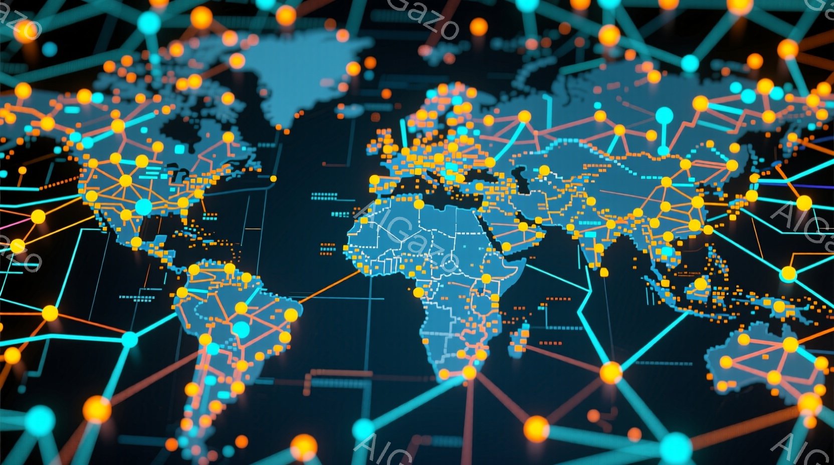 この画像は、暗い背景に描かれた世界の地図で、多数の光る点と線が接続されたネットワークを表現しています。点は都市や主要な場所を示唆し、線はそれらをつなぐ通信やデータの流れを表しているようです。全体として、グローバルなつながりや情報ネットワークの概念を視覚的に強調した、未来的で抽象的なイメージです。