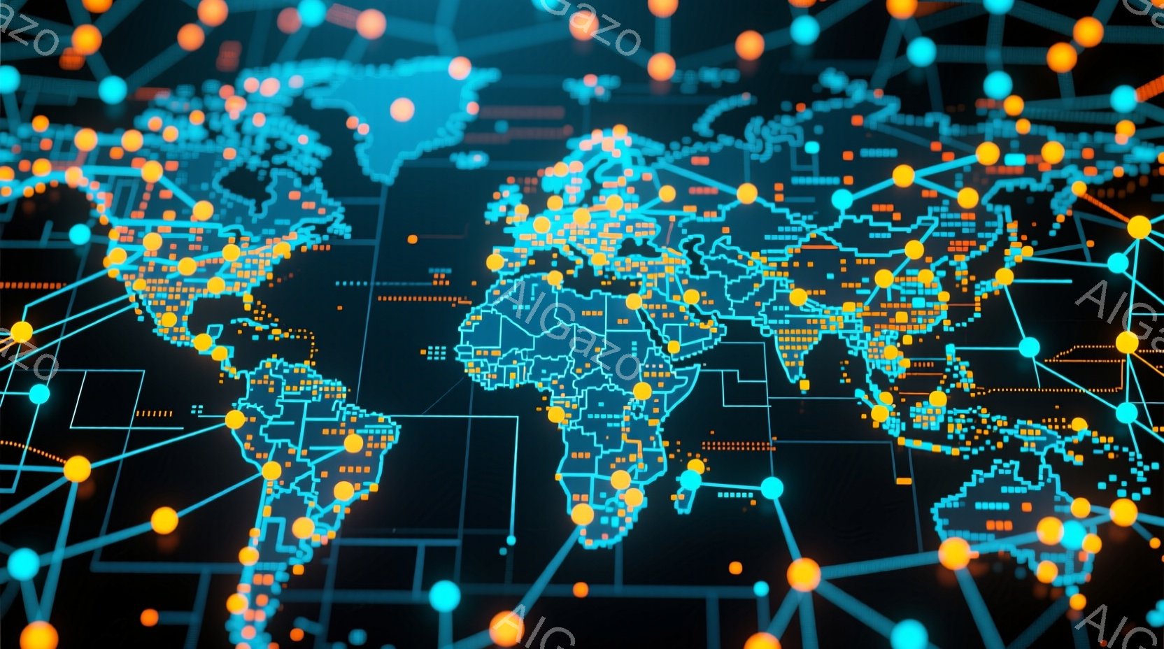 この画像は、暗い背景に明るい青とオレンジの線で構成された世界地図です。大陸と国々は、細かな点と線で表現され、まるでネットワークで繋がっているように見えます。全体的にデジタルで未来的な雰囲気があり、グロ - AI生成フリー素材