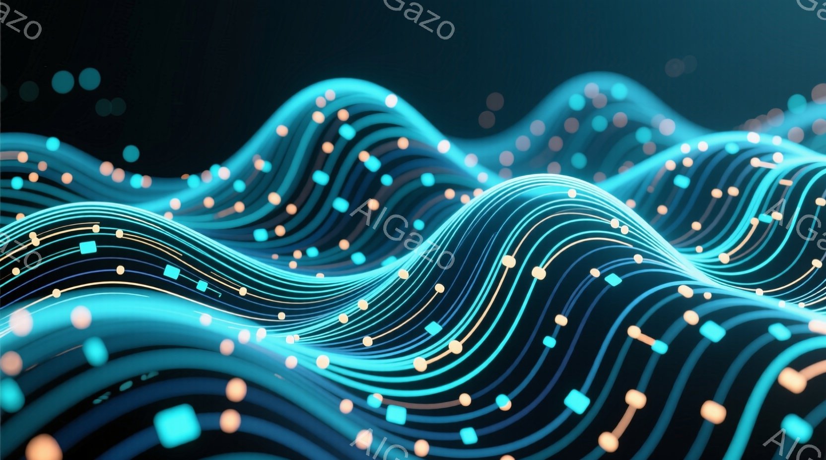 この画像は、明るい青色の線が波のように重なり合い、複雑な立体的な模様を形成しています。線は様々な大きさの光る球体で装飾されており、全体的に未来的なデジタルアートの印象を与えます。背景は暗く、光る線が際立って見えます。