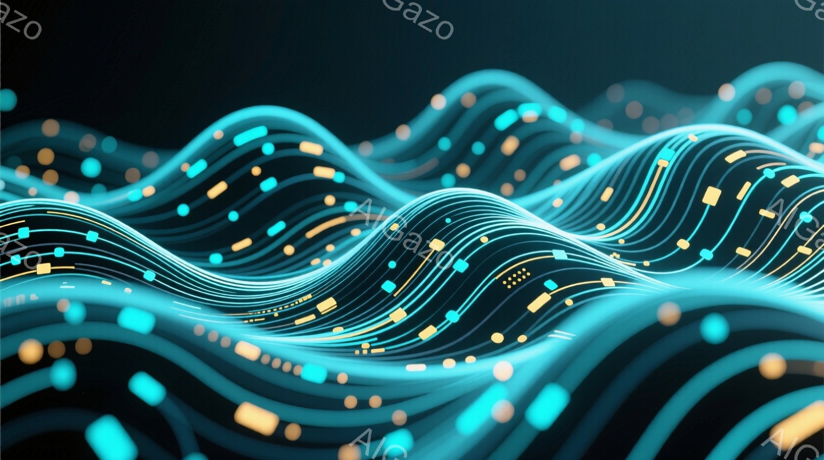 鮮やかなターコイズブルーの線が波のようにうねり、金色の小さな立方体が散りばめられた抽象的なイメージです。線は光沢があり、未来的な印象を与え、暗い背景とのコントラストが強いです。全体的に、テクノロジー、データ、エネルギーの流れを連想させる、ダイナミックで洗練された雰囲気を持っています。