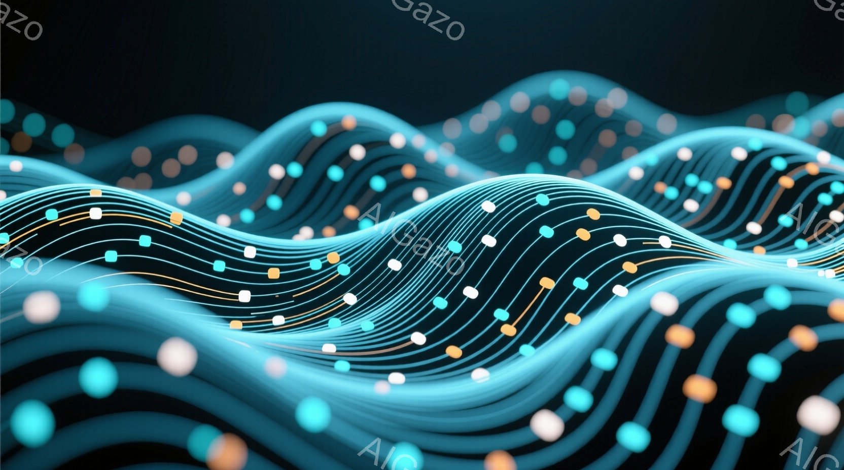 この画像は、青色の流れるような線が複雑に絡み合い、まるでデジタルな波のような抽象的な表現です。線には、オレンジ、水色、白の光点が散りばめられており、躍動感と未来的な雰囲気を醸し出しています。背景は暗く - AI生成フリー素材