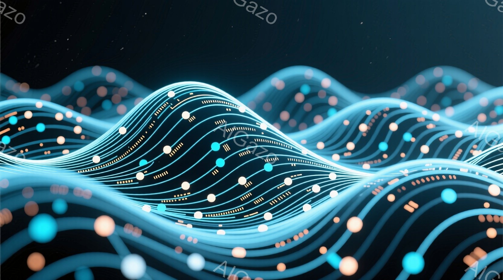 鮮やかなターコイズブルーと白の線が、流れるような波模様を描き出している。無数の小さな光の粒子が、線に沿って散りばめられ、まるでデジタルな生命体のようにも見える。暗い背景が、波の鮮やかさを際立たせ、未来 - AI生成フリー素材