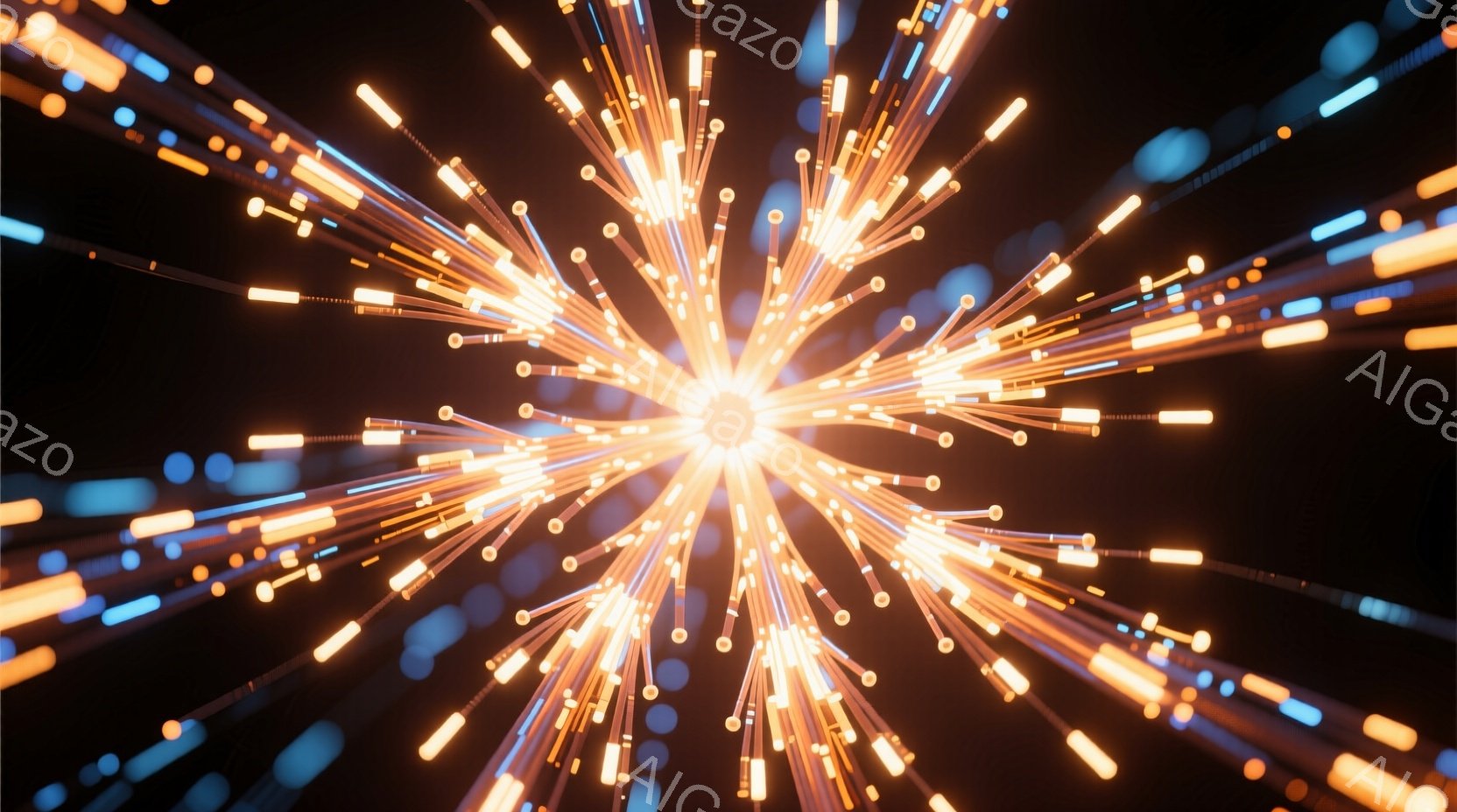 漆黒の背景に、中心から放射状に広がる鮮やかな光の線が多数見られます。これらの光線はオレンジ色と青色が混ざり合い、まるでエネルギーが爆発しているかのような印象を与えます。光の線はぼやけており、動きのある - AI生成フリー素材