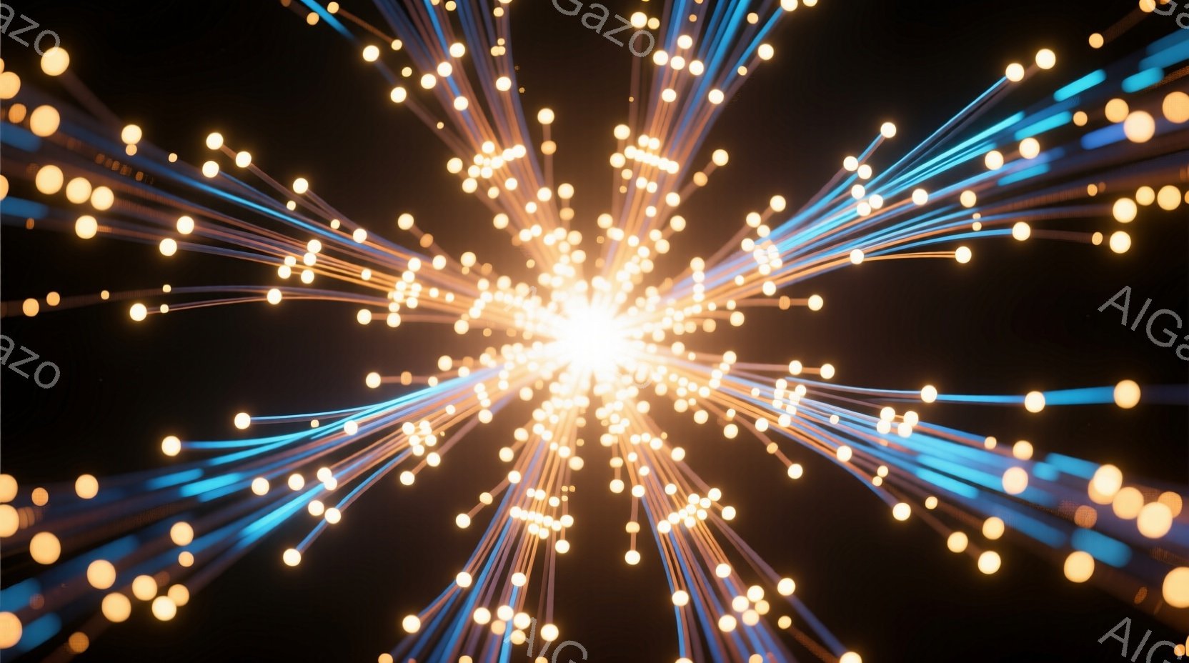 鮮やかな光の粒子が中心から放射状に広がる様子が捉えられています。光はオレンジと青の色合いを持ち、まるで花火や星の爆発のような印象を与えます。暗い背景が光の輝きを強調し、幻想的でダイナミックな雰囲気を醸し出しています。