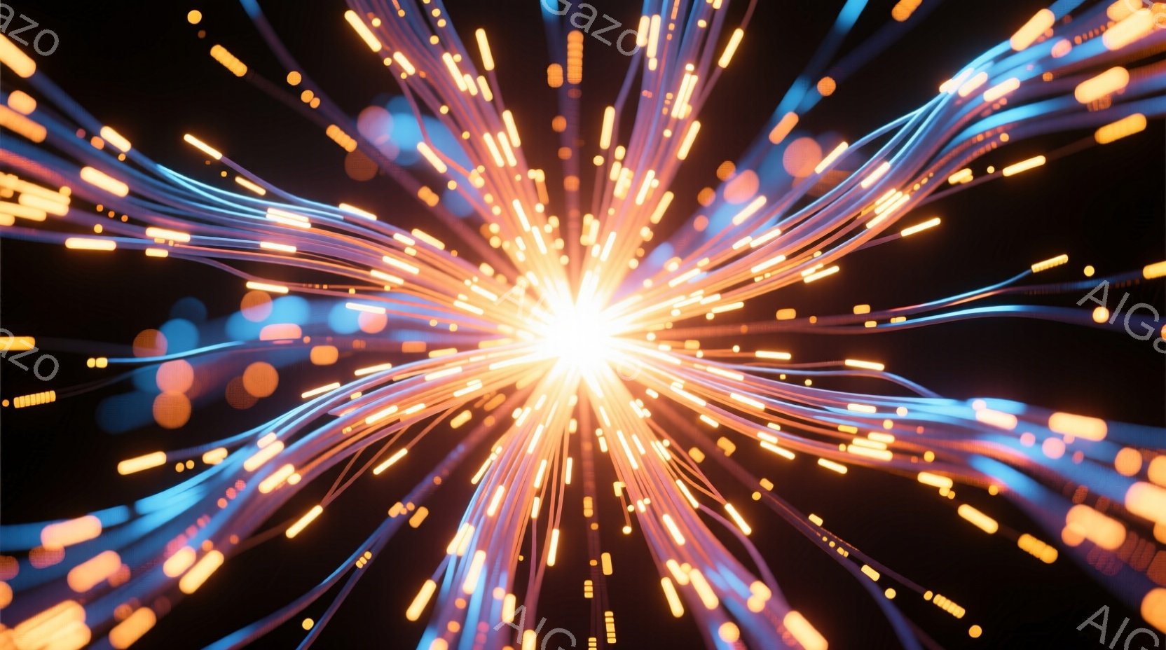 漆黒の背景から放射状に伸びる鮮やかな光線が印象的な画像です。オレンジ、黄色、水色の光が中心点から四方八方に広がり、まるでエネルギーが爆発しているようなダイナミックな様子が表現されています。全体的に未来的な雰囲気で、SF作品に登場するエネルギーフィールドや宇宙空間を連想させます。