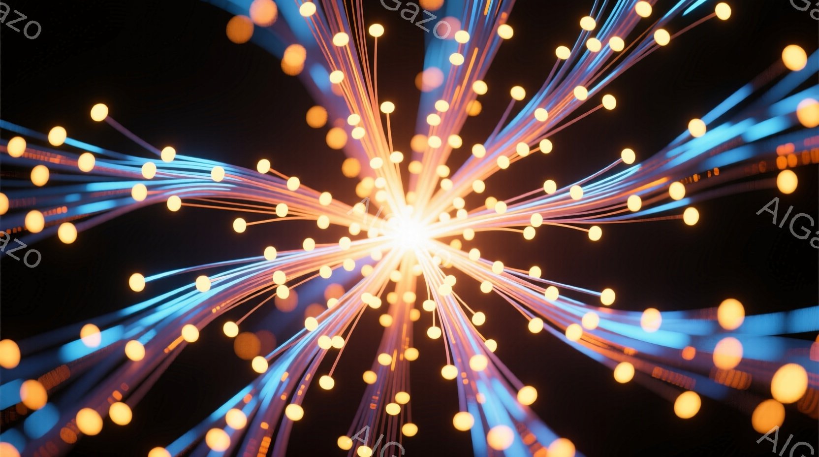 暗闇の中に、中心から放射状に広がる鮮やかな光の線が無数に伸びています。オレンジと青の光が混ざり合い、まるで星々が爆発したかのような幻想的な光景を作り出しています。光の線はぼやけており、動きやエネルギーの流れを感じさせます。