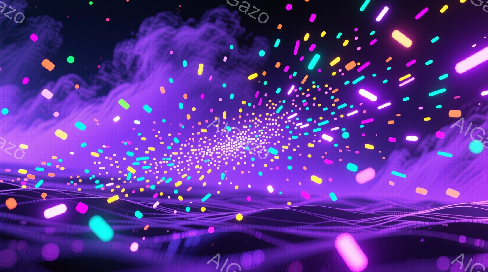 紫色の背景に、発光する線状の光が広がり、まるでデジタルな空間が波紋のように広がっている様子が描かれています。光の粒子は様々な色を持ち、鮮やかな色彩が幻想的な雰囲気を醸し出しています。全体として、未来的なテクノロジーと自然が融合したような、抽象的で美しいイメージです。