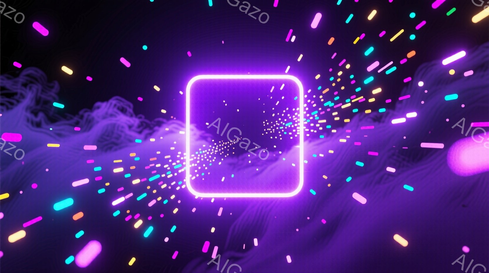 鮮やかな紫色を基調とした背景に、発光する棒状の光が飛び交う抽象的なイメージです。中央には、明るい光の粒子が集中し、それを取り囲むように光の四角形が配置されています。全体的に、幻想的で未来的な雰囲気が漂っています。