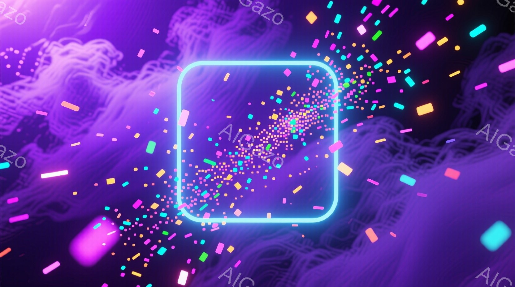鮮やかな紫色を基調とした背景に、ネオンブルーの四角形が浮かび上がっています。その四角形の中には、細かいピクセル状の光が集中しており、まるでデジタル空間を表しているかのようです。背景には、抽象的な模様と - AI生成フリー素材