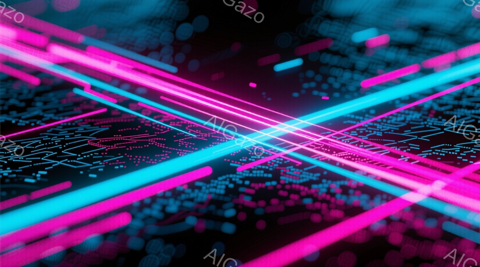 鮮やかなネオンピンクとターコイズブルーの光の線が、暗い背景を交差して未来的なデジタル空間を形成している。線は細かく点在する光の粒子と組み合わさり、まるでサイバー空間の回路やネットワークを表現しているようだ。全体として、未来的なテクノロジー、スピード、エネルギーを感じさせる、非常に印象的なビジュアルである。