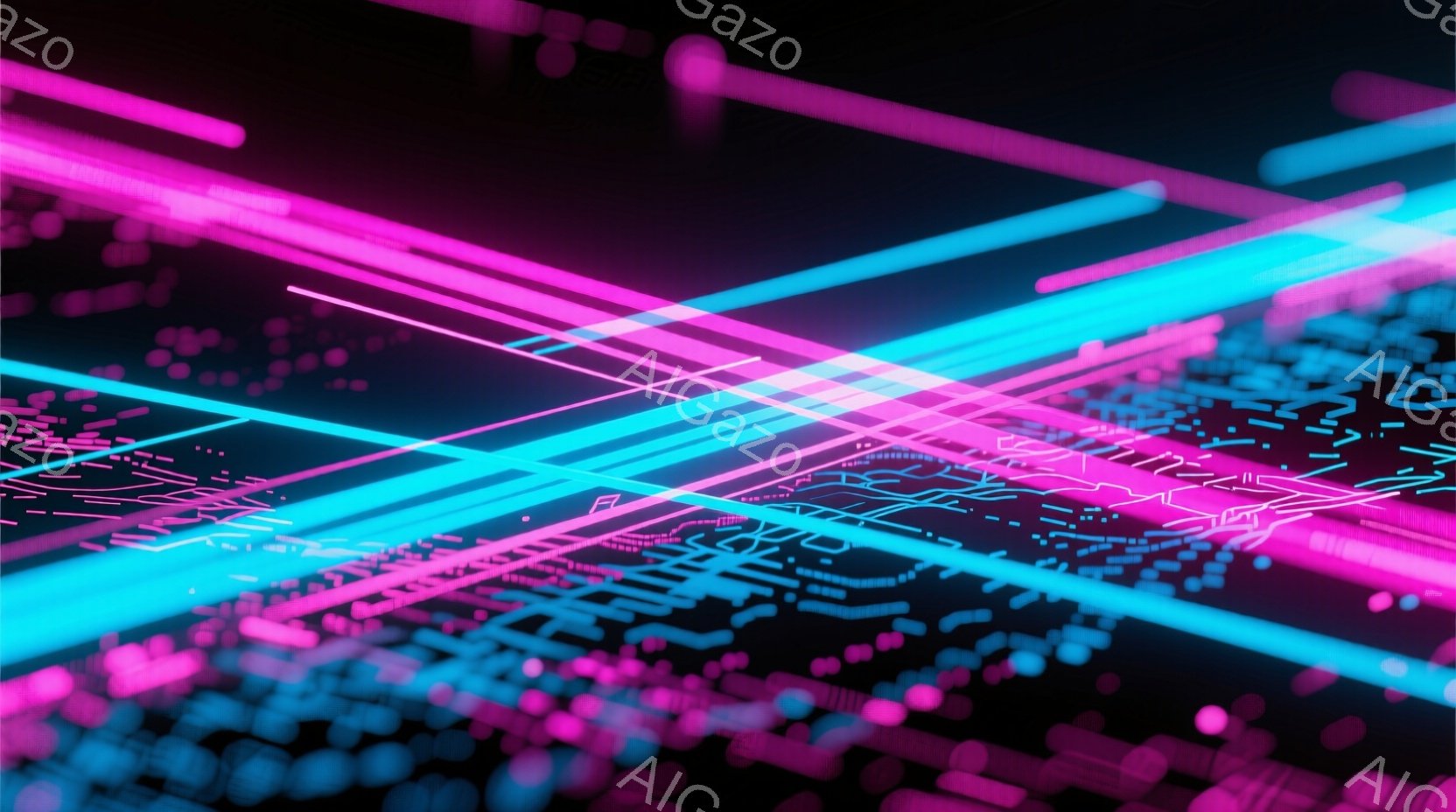 漆黒の背景に、鮮やかなピンクと水色の光の線が複雑に交差する抽象的なイメージです。光の線は、回路基板のようなパターンで構成されており、未来的なテクノロジーを想起させます。全体的に、流れるような光と幾何学的な構成が、サイバーパンクのような雰囲気を醸し出しています。