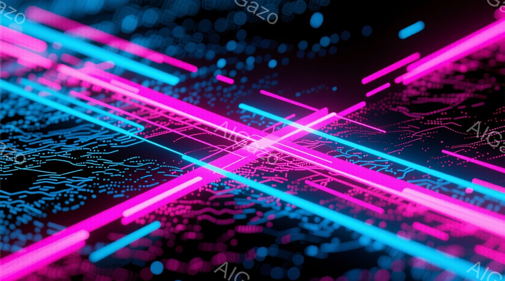 鮮やかなネオンピンクと青色の光線が、暗い背景の中で交差しています。光線は未来的な回路基板のようなパターンを形成し、ぼやけた点描が全体に散りばめられています。このイメージは、テクノロジー、デジタル世界、またはサイバー空間のような雰囲気を醸し出しています。
