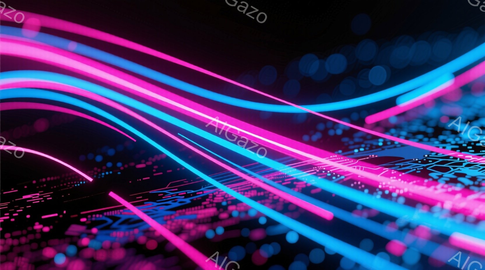 鮮やかなピンクと水色の光の帯が、暗い背景を横切って流れる様子が描かれています。下部には回路図のような複雑なパターンが広がり、未来的なテクノロジーを連想させます。全体として、エネルギーと情報が流動的に循環する、ダイナミックで抽象的な雰囲気を醸し出しています。