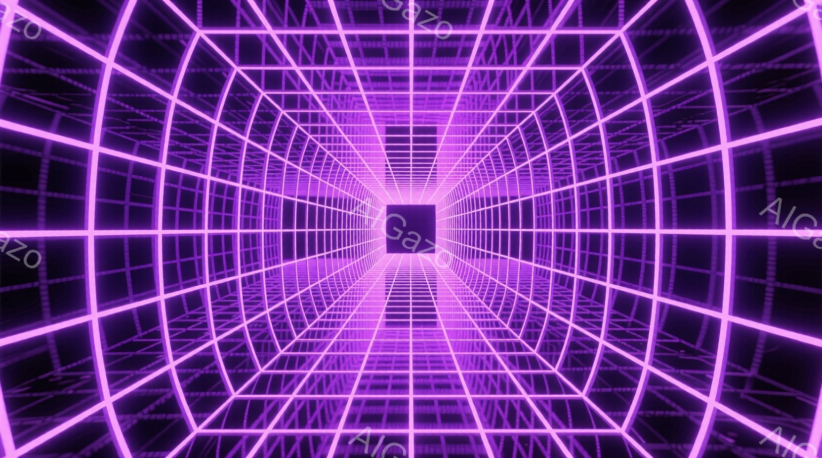 この画像は、黒背景にネオンピンクのグリッド線が無限に続くトンネルを描写している。線は遠近法を利用して収束し、中心に暗い四角い空間を作り出している。全体的に未来的な、サイバーパンク的な雰囲気を醸し出して - AI生成フリー素材