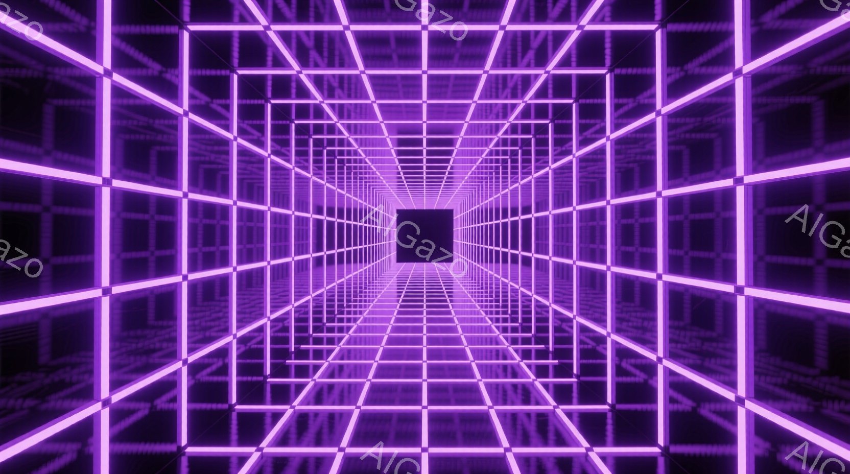 鮮やかな紫色の発光する立方体が無限に続くトンネルが描かれています。立方体は規則的に配置され、遠近法により中心に向かって収束し、奥行きのある視覚効果を生み出しています。このトンネルは未来的な雰囲気で、サイバー空間や仮想現実を連想させます。
