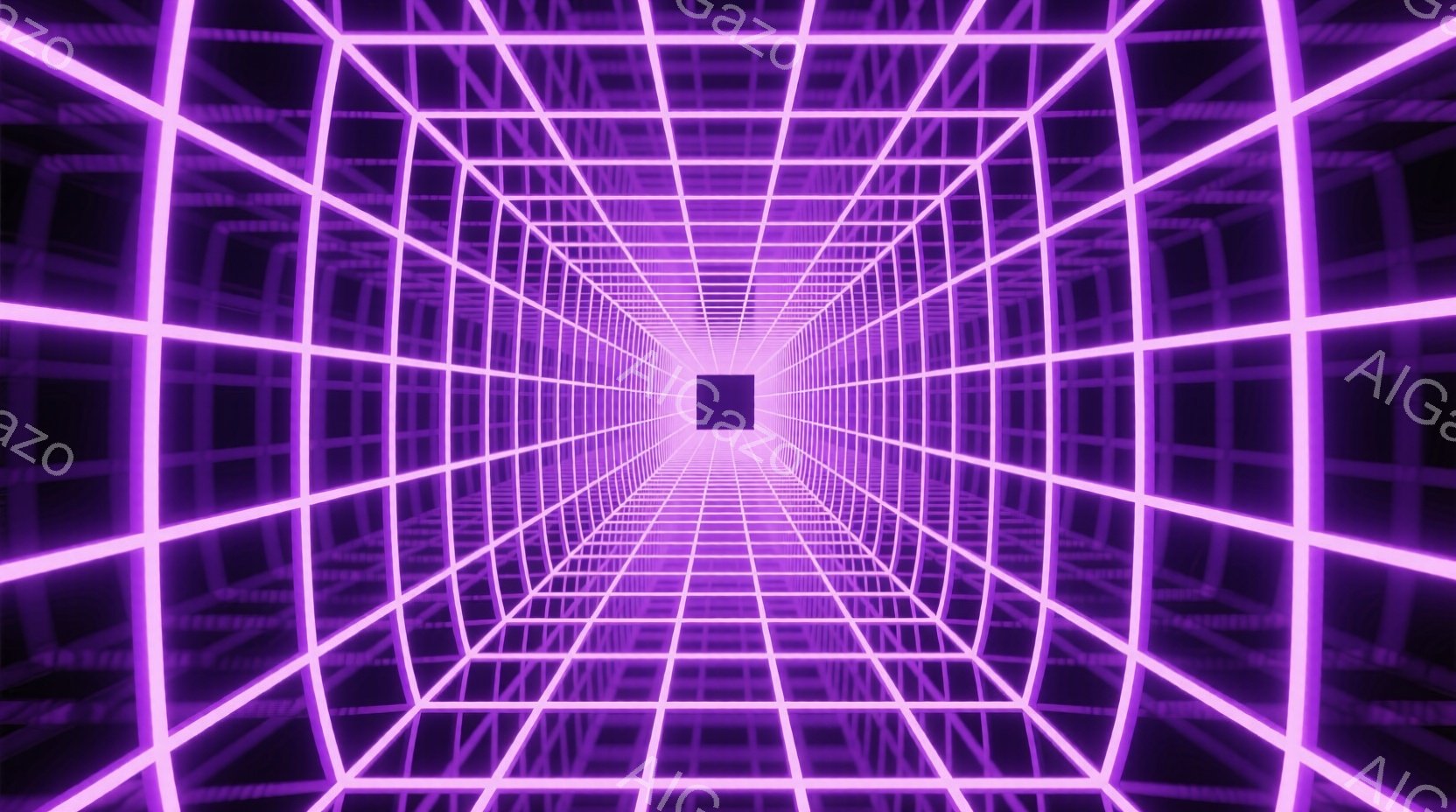 鮮やかな紫色のグリッドが無限に続くトンネルが描かれています。グリッドは水平と垂直に伸びており、遠近法によって中心に向かって収束し、奥行きを感じさせます。全体的にサイバーパンク的で未来的な雰囲気があり、視覚的に没入感のある空間を作り出しています。