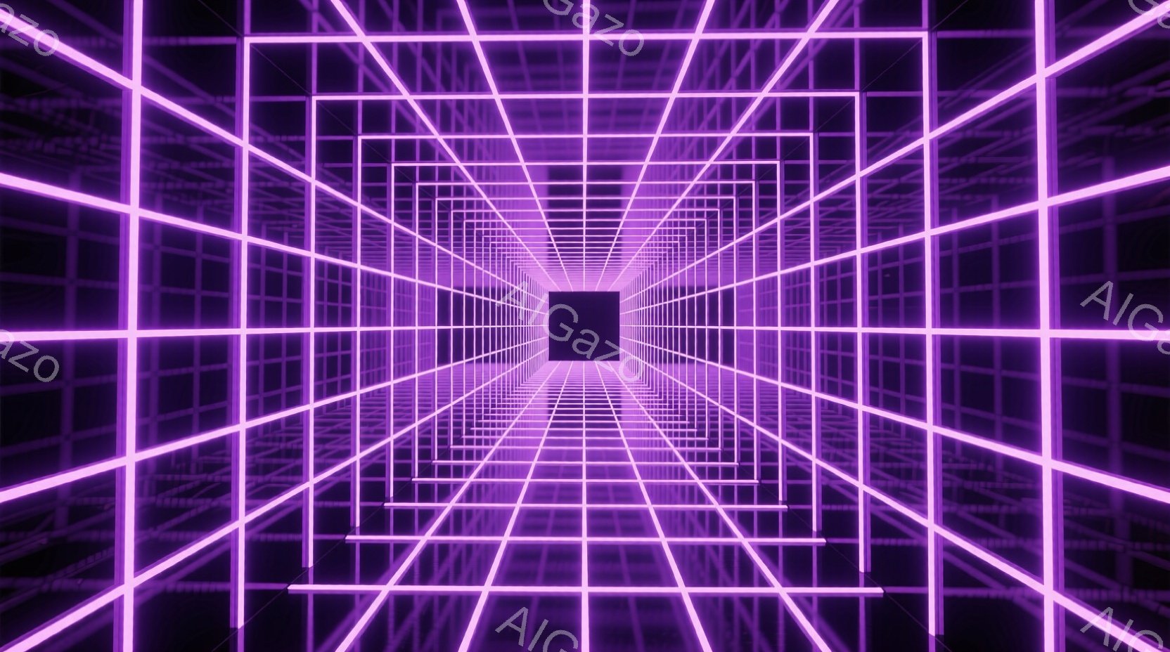 鮮やかなネオンパープルの光が、無限に続くトンネルのような空間を構成している。細い光の線が規則的に交差することで、奥行きのある幾何学的なパターンが生まれている。この空間は、未来的なデジタル世界や、サイバー空間を連想させるような雰囲気である。