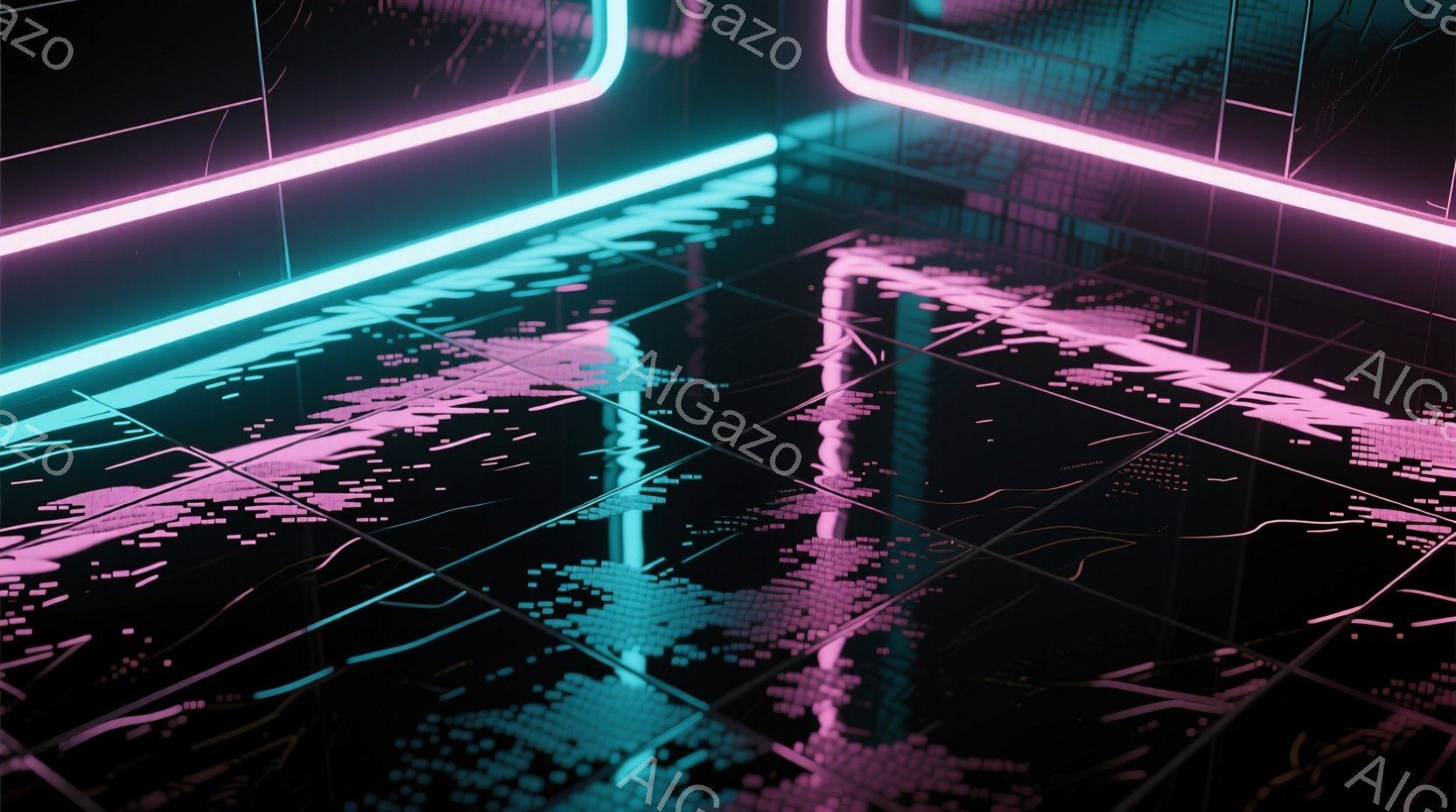 画像は、黒いグリッド状の床面と、蛍光ピンクと青のネオンライトで構成された未来的な空間を描いています。床面には、デジタル化されたピクセル状のパターンが散りばめられ、光が反射して幻想的な雰囲気を醸し出して - AI生成フリー素材