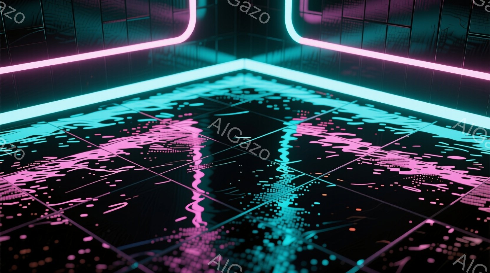 この画像は、暗い背景にネオンピンクとターコイズブルーのグリッド状の床と壁で構成された未来的な空間を描写している。床には、粒子状の光が複雑なパターンを描き、グリッドラインと交差しながら輝いている。全体的 - AI生成フリー素材