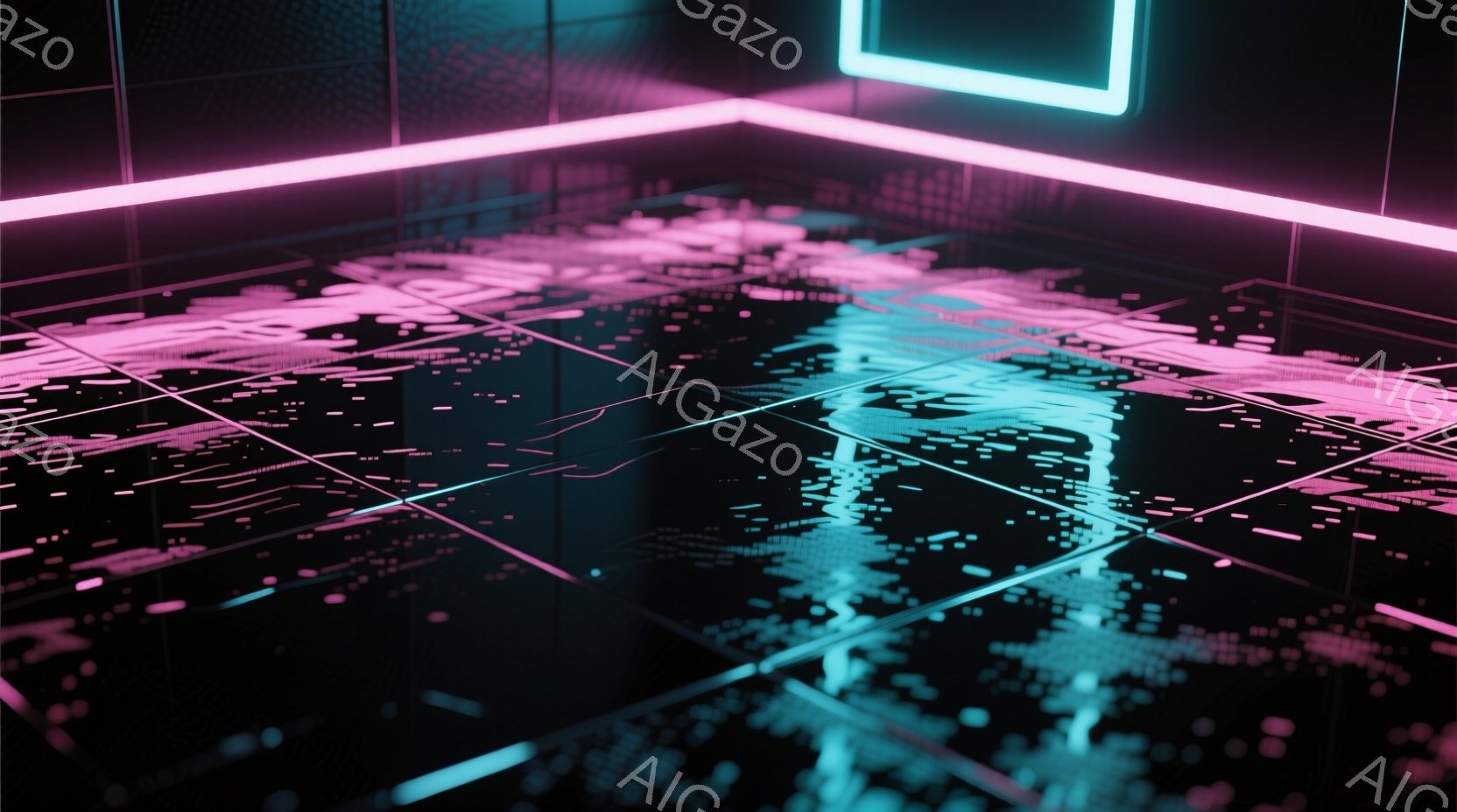 鮮やかなネオンピンクとターコイズブルーの光が、暗いグリッド状の床と壁を照らし出している。床面には無数の小さな光点が散りばめられており、未来的なデジタル空間を思わせる。この空間は、まるで仮想現実の中のよ - AI生成フリー素材