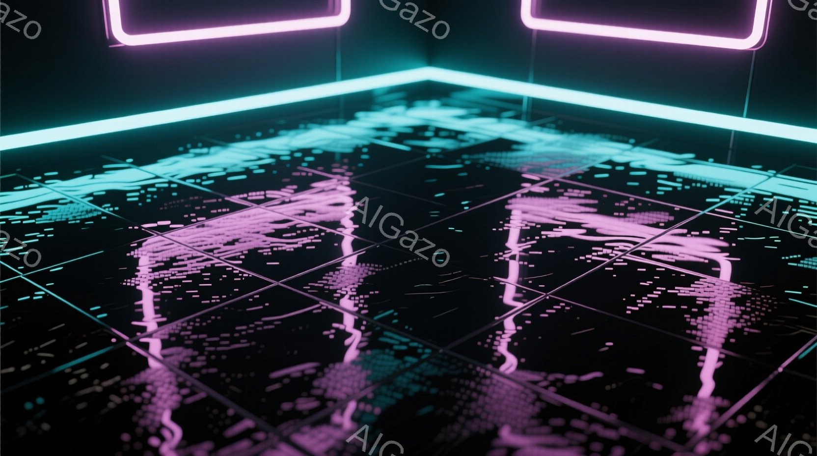 暗い空間に、ネオンピンクと青色の光が幾何学的なパターンで輝いている。床はタイル状になっており、その上に抽象的な、点描のようなピンク色の光の線が複雑に広がり、まるでデジタルな風景を表現しているかのようだ。 全体的にサイバーパンクや未来的な雰囲気を醸し出し、静かで神秘的な空間が印象的である。