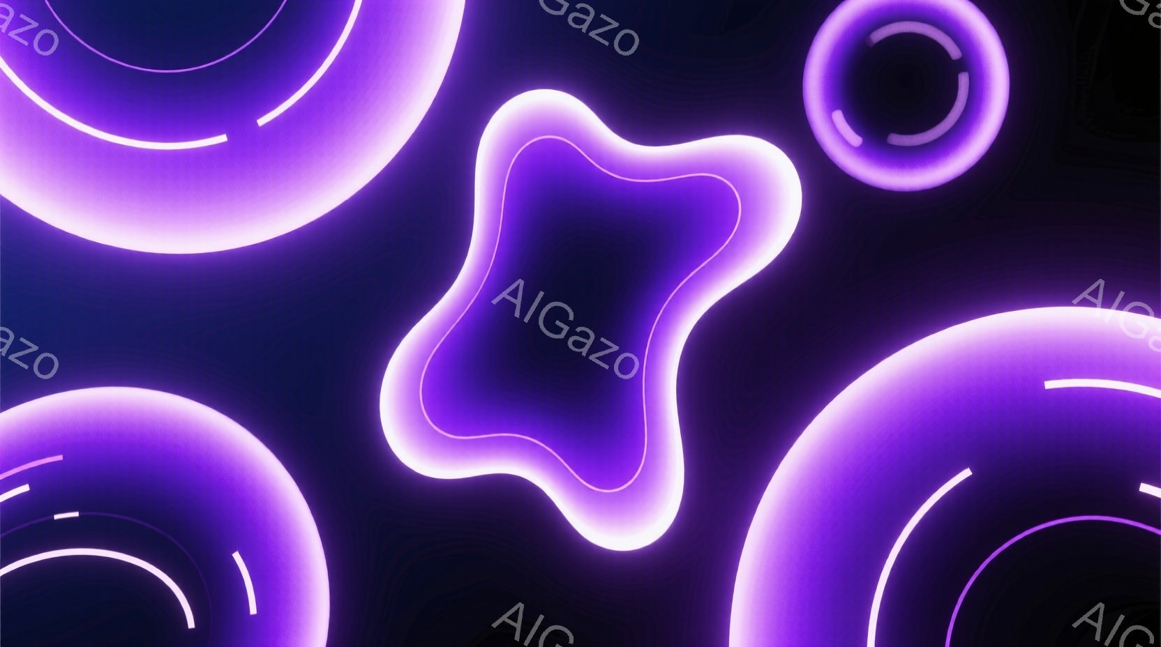 鮮やかな紫色のネオンライトが、歪んだ円や弧を描く抽象的な形状で構成されています。背景は暗く、これらの光る形状が際立って見えます。全体的に未来的で、サイバーパンク風の雰囲気です。