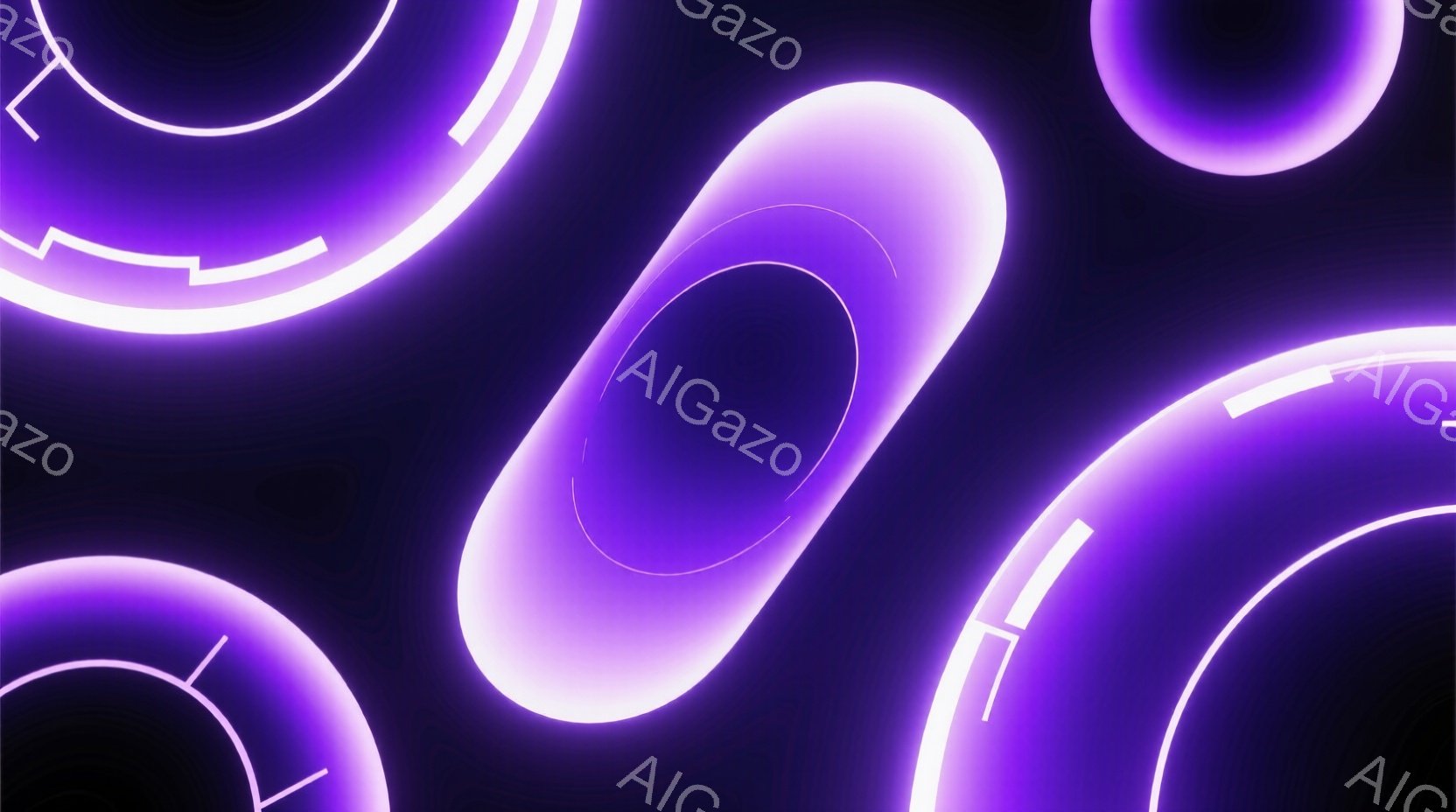 この画像は、暗い背景に浮かぶネオンライトのような円や楕円が複数配置された抽象的な構成です。光は白に近い紫色の輝きを持ち、円や楕円の形は、まるで何らかのエネルギーが凝縮されたような印象を与えます。全体的に未来的な雰囲気で、SF映画のワンシーンを切り取ったかのようです。