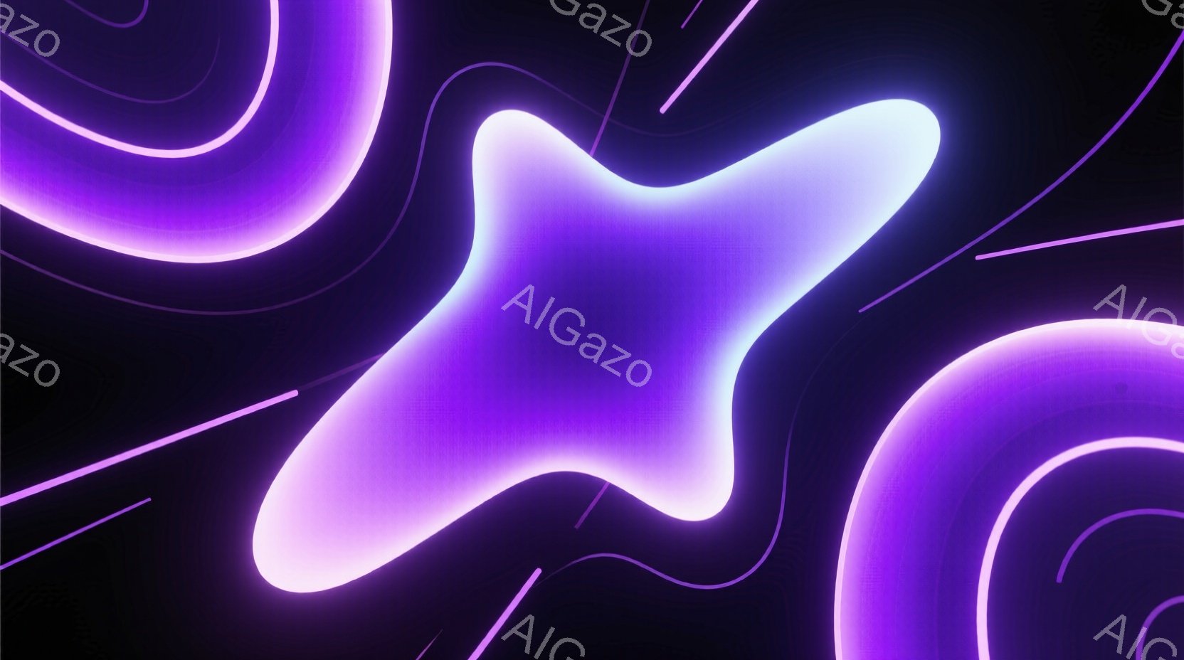 鮮やかな紫色を基調とした抽象的な画像で、暗い背景にネオンライトのような曲線や不規則な形状が浮かび上がっています。光の強弱や色の濃淡が、幻想的で未来的な雰囲気を醸し出しています。全体として、流動的でエネルギーを感じさせる視覚的な表現です。