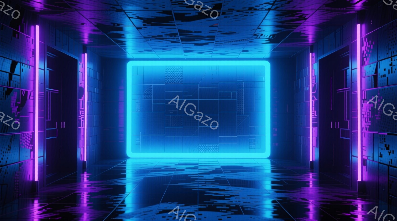 鮮やかなネオンブルーと紫色の光が、未来的な空間を照らしている。床と壁は反射しており、グリッチのようなデジタルパターンが全体に広がっている。中央には大きな青い四角形が浮かび、その内部にはさらに複雑なデジタル模様が広がっている。