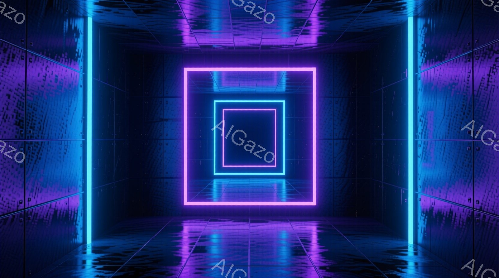 この画像は、ネオンカラーの光る正方形が幾重にも重なり、未来的なトンネルのような空間を描写しています。壁と床は暗い紫色で統一され、光の反射が美しい光景を作り出しています。全体的に、サイバーパンクやデジタルアートを連想させる、没入感のある抽象的な雰囲気です。