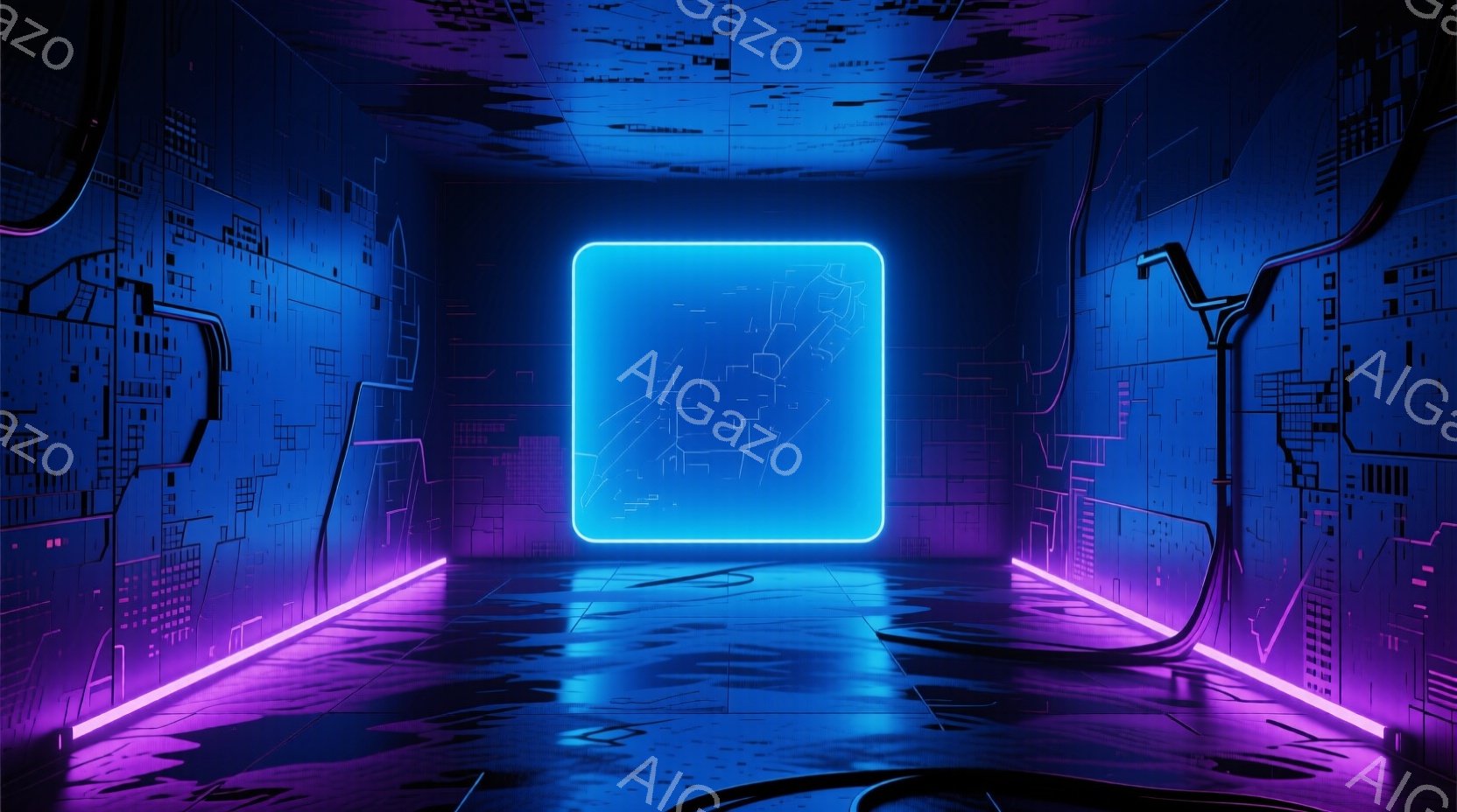 鮮やかなネオンブルーと紫色の光が印象的な、未来的な空間が描かれている。床は鏡面仕上げで光を反射し、天井と壁には複雑な回路図のような模様が施されている。中央には、発光する青い四角形が配置され、サイバーパンク風の雰囲気を醸し出している。