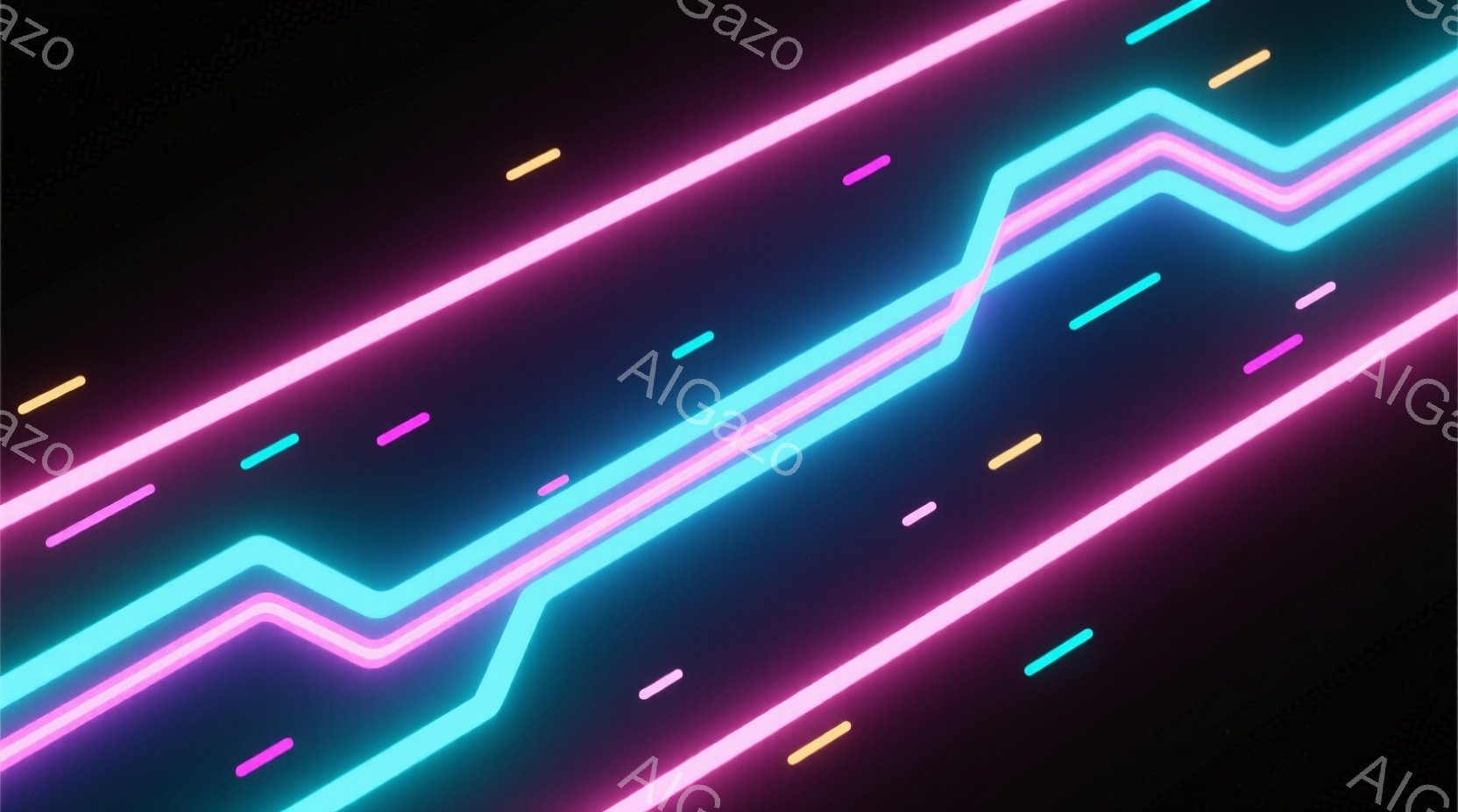 鮮やかなネオンカラーのラインが、暗い紫色の背景を斜めに走り抜けている抽象的な画像です。ターコイズブルー、ホットピンク、そして黄色いラインが、まるで未来的な回路や光の軌跡のように交差しています。全体的に - AI生成フリー素材