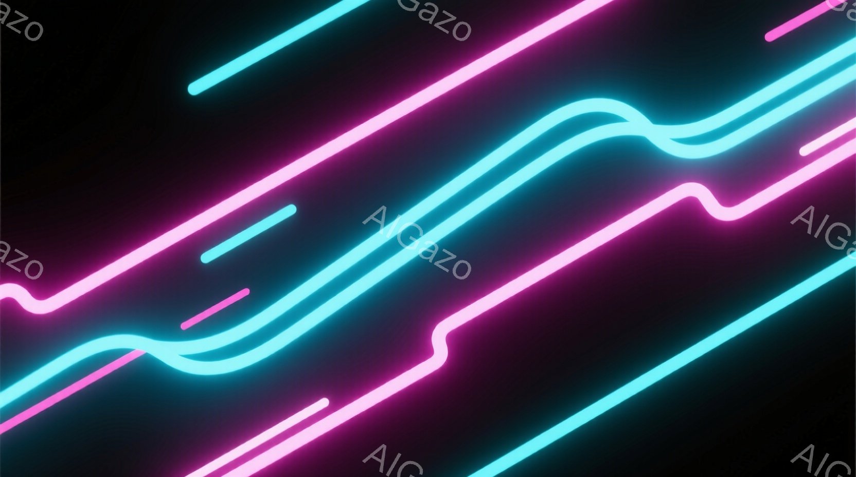 鮮やかなネオンピンクとターコイズブルーの線が、黒い背景を斜めに横切る抽象的な画像です。線は滑らかで流れるような形状をしており、未来的な回路やエネルギーの流れを連想させます。全体的に、現代的でダイナミックな雰囲気を持っています。