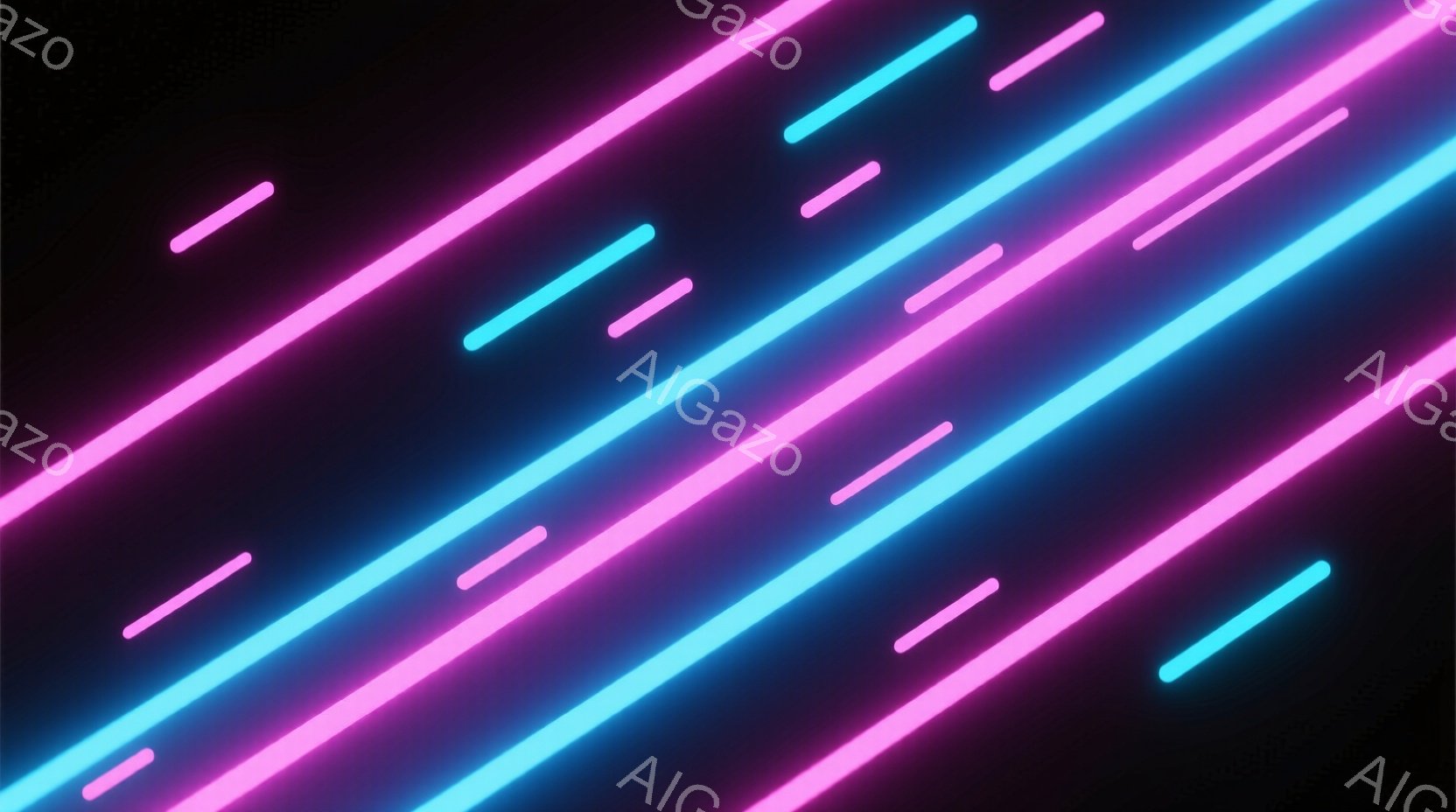 鮮やかなネオンピンクと青色の線が、黒い背景の上を斜めに走る抽象的な画像です。線は様々な長さで、まるで光の軌跡のように配置されており、未来的な印象を与えます。全体的に、エネルギーに満ちたダイナミックな雰 - AI生成フリー素材