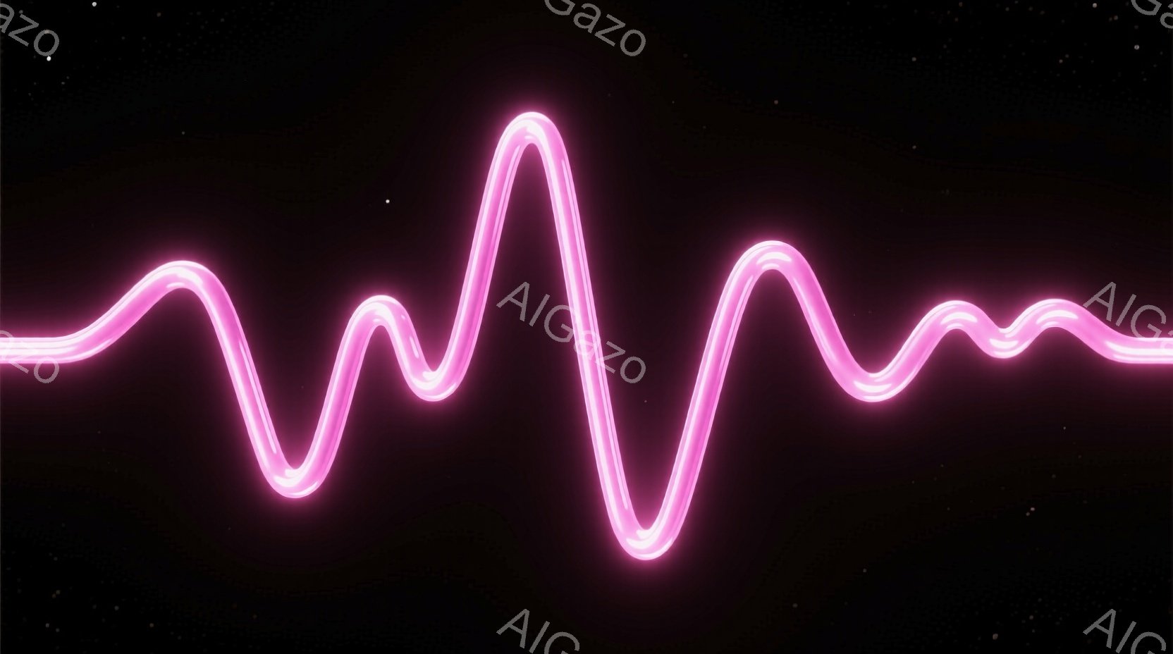 鮮やかなピンク色のネオン管が、暗い背景を不規則にうねりながら横切っている。管は光沢があり、まるで心電図のような波形を描いている。背景は漆黒で、星のような微かな光点が散りばめられ、幻想的な雰囲気を醸し出している。