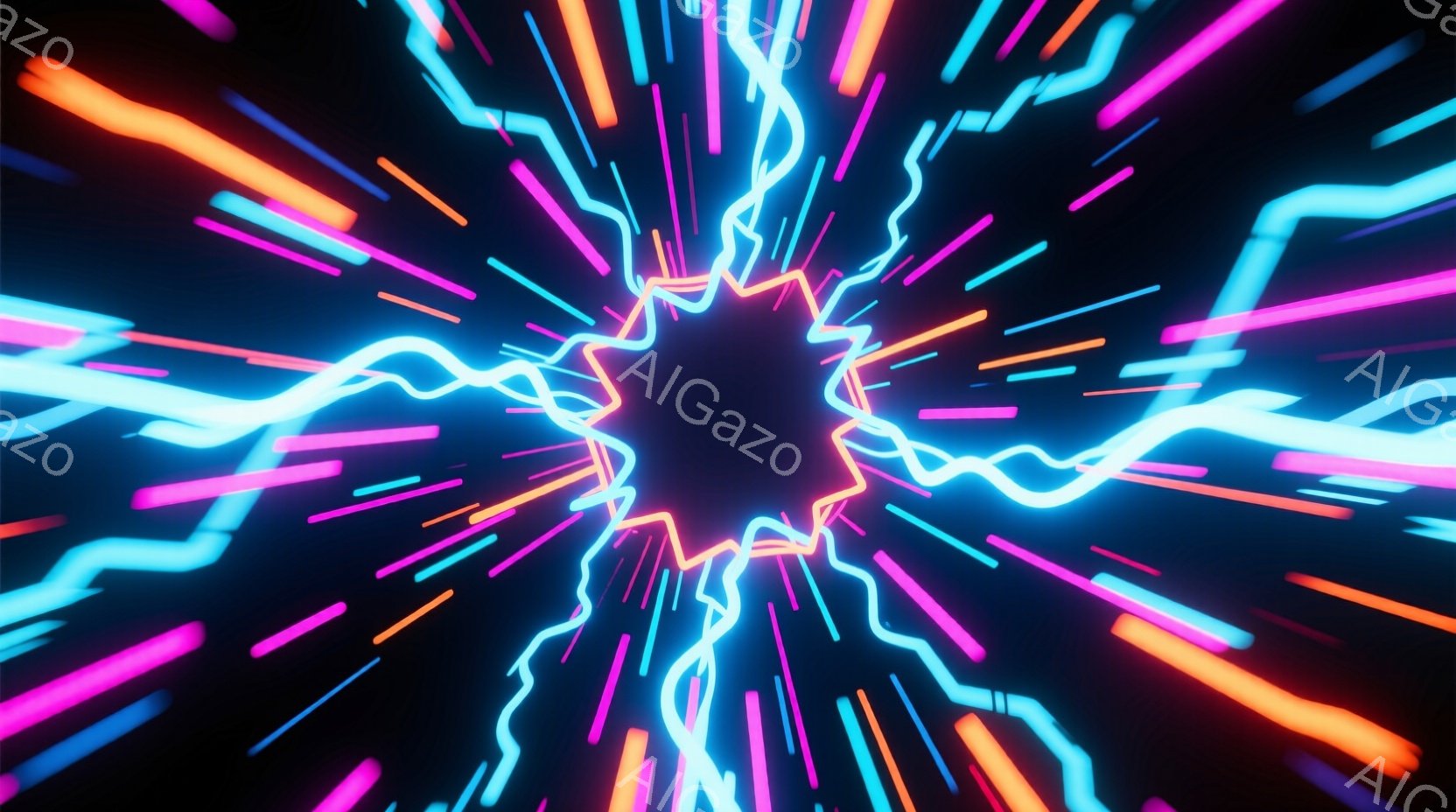漆黒の背景から、鮮やかなネオンカラーの光線が放射状に広がっている様子が描かれている。ピンク、青、オレンジ色の光線は、まるでエネルギーが爆発するように勢いよく広がっており、未来的な雰囲気を作り出している。中心部は暗く、光線がその輪郭を際立たせており、ダイナミックで視覚的なインパクトが強い作品である。