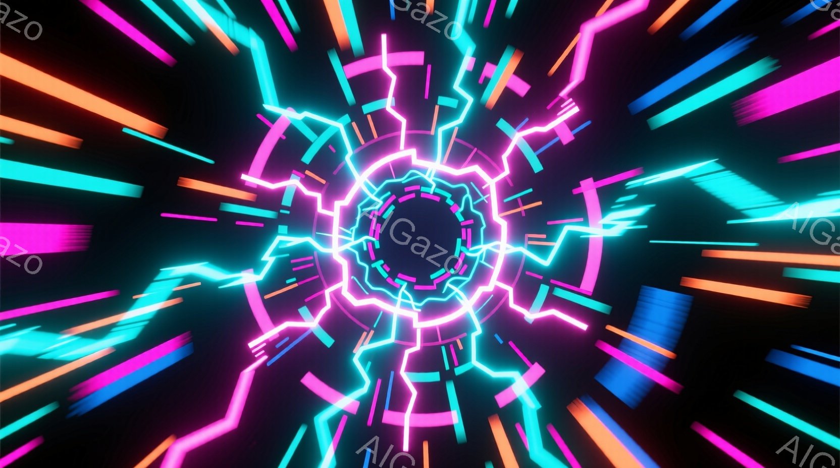 鮮やかなネオンカラーの光線が、黒い背景から放射状に広がっている様子が描かれています。中心部には、稲妻のような光のパターンが円形に配置され、奥行きのあるトンネルのような視覚効果を生み出しています。全体的に、未来的なエネルギーとスピード感を強調した、サイバーパンク風の抽象的なイメージです。