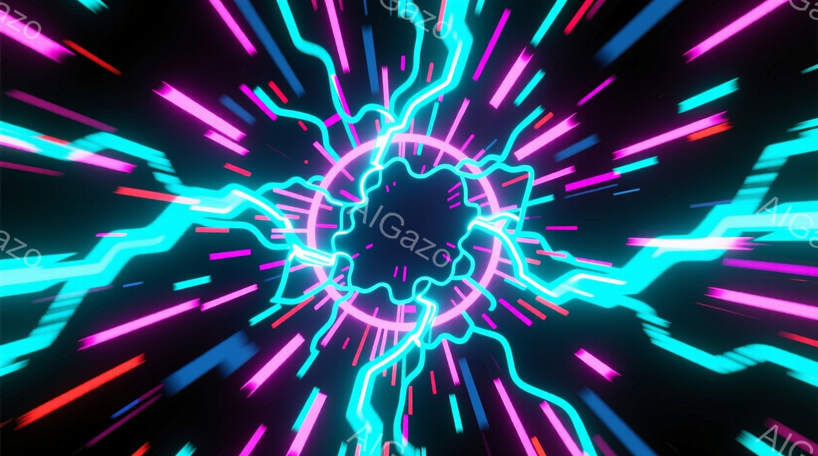 鮮やかなネオンカラーの光線が、黒色の背景から放射状に広がっている様子が描かれている。中心部には、光線が作るような円形のトンネルが存在し、速度感とエネルギーを感じさせる。全体的に未来的な雰囲気で、サイバーパンクやデジタルアートを連想させるビジュアルである。