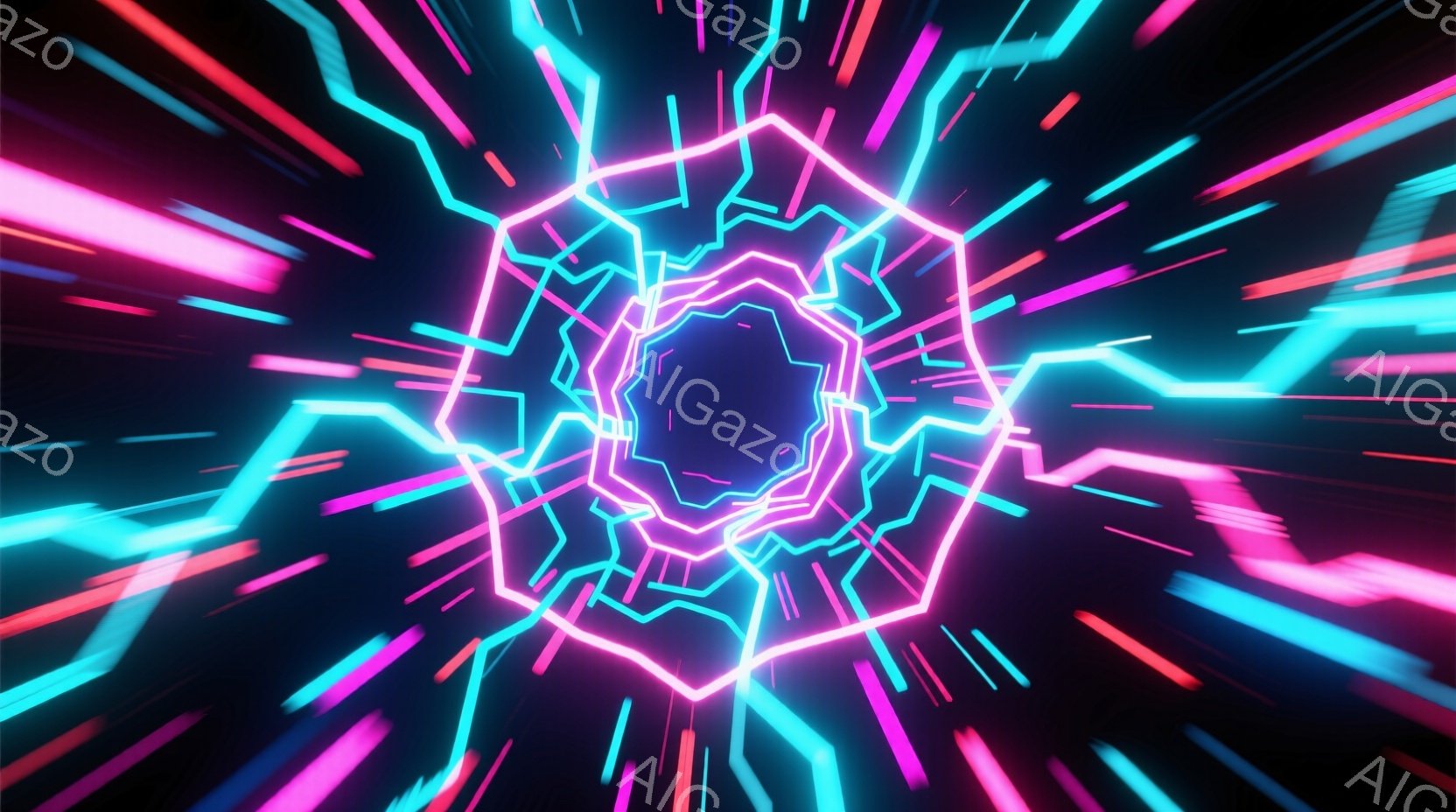 鮮やかなネオンカラーの光線が、暗闇の中で渦巻状に広がっている抽象的な光景です。中心には、複雑な線で構成されたトンネルのような構造があり、光線がその内側と外側から放射状に伸びています。全体的に未来的な雰 - AI生成フリー素材