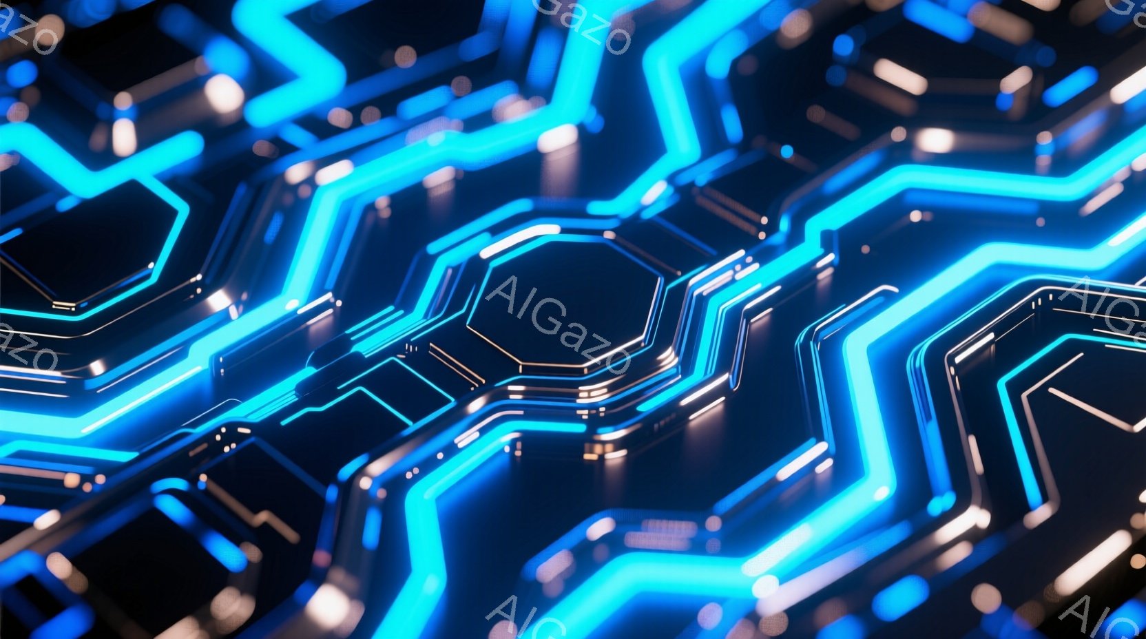 鮮やかなネオンブルーの光が走る六角形の回路が、黒い背景に複雑に広がっています。光は回路の縁を縁取り、未来的なテクノロジーやデジタル世界の雰囲気を醸し出しています。このパターンは無限に続くかのように見え、奥行きと広がりを感じさせます。