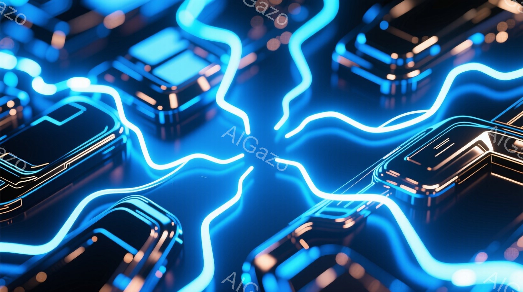 この画像は、未来的な回路や配線が複雑に絡み合った様子を捉えたものです。青とオレンジのネオンライトが、光沢のある黒い背景の中で鮮やかに輝き、技術的な進化やエネルギーの流れを連想させます。全体として、サイ - AI生成フリー素材