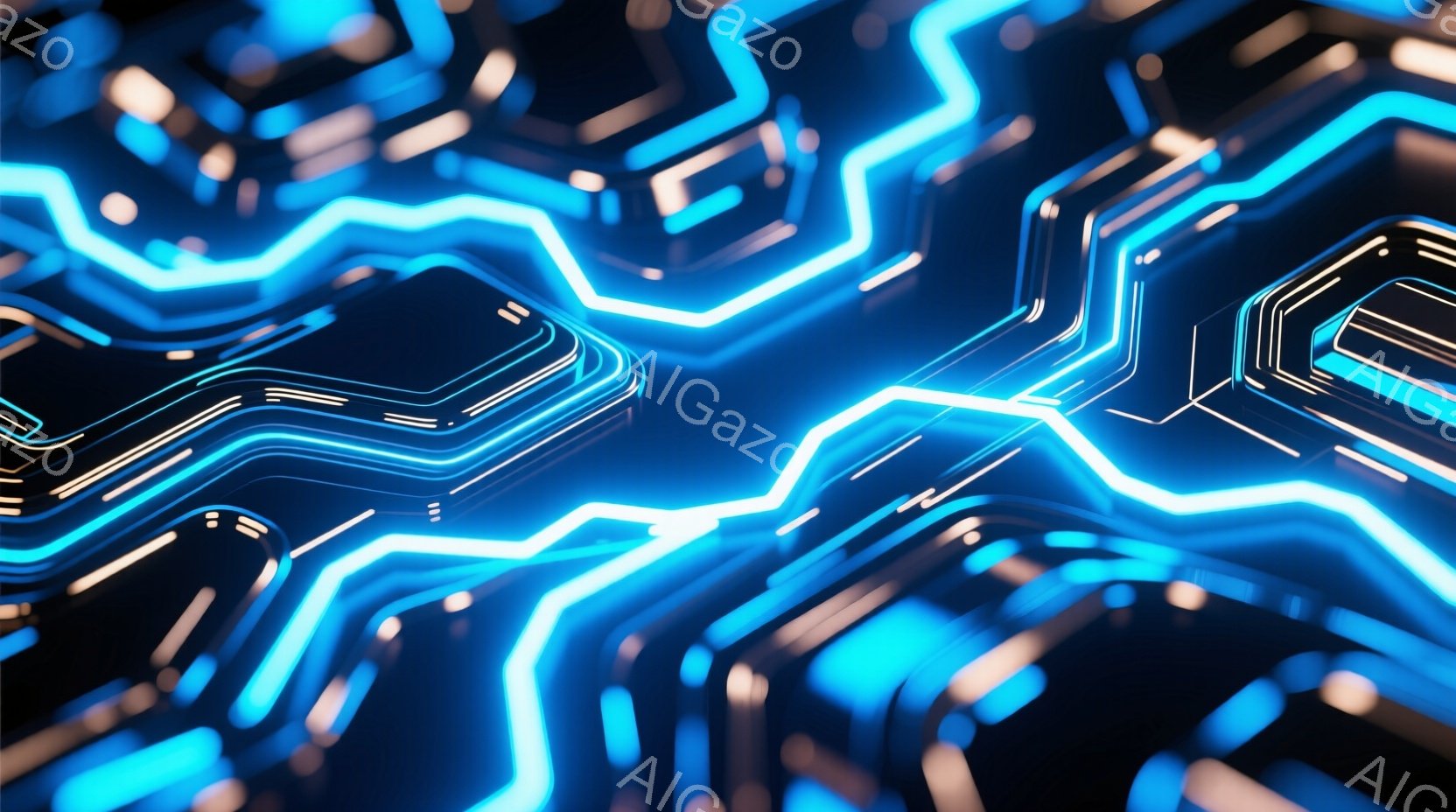 鮮やかな青色の光が、複雑な回路のようなパターンを形成しており、未来的なテクノロジーを連想させる背景が広がっている。光は立体的に表現され、奥行きと動きを感じさせる。全体的にクールで、デジタル世界のエネルギーとスピードを表現している。