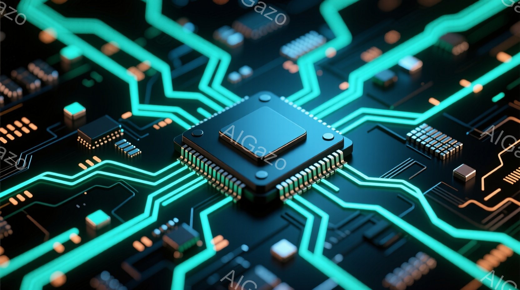 この画像は、回路基板上に配置されたコンピュータチップのクローズアップです。チップは鮮やかなターコイズブルーと金色のアクセントを持ち、複雑な回路パターンが基板全体に広がっています。全体的に、未来的でテク - AI生成フリー素材