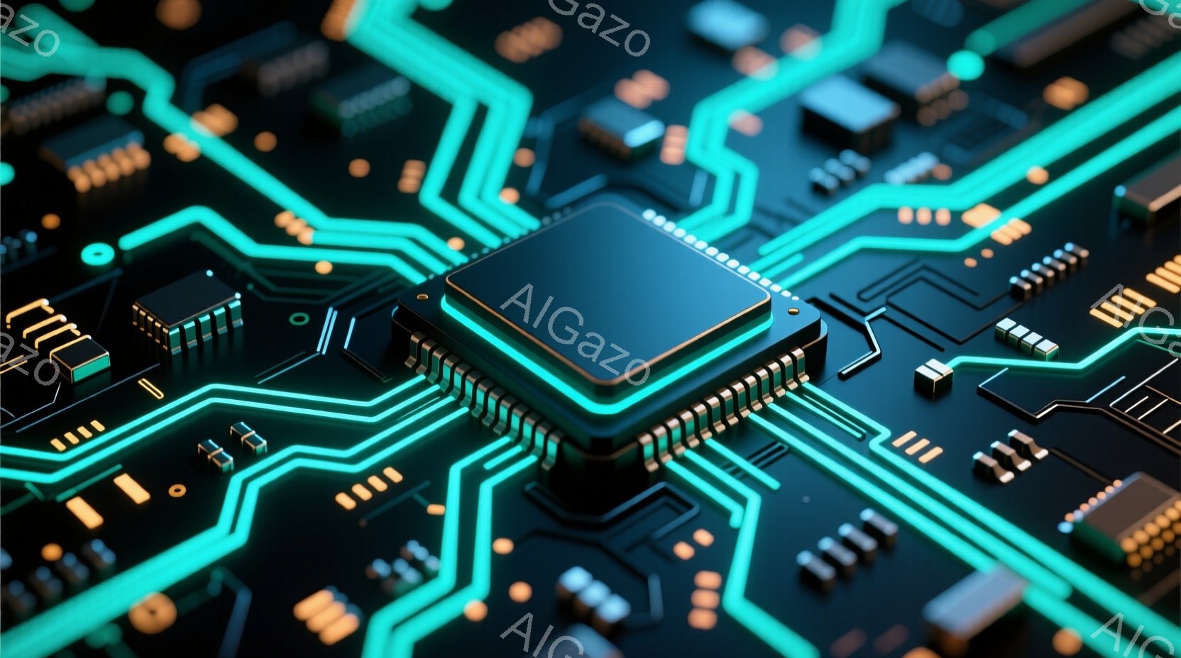 この画像は、複雑な電子回路基板のクローズアップです。鮮やかなターコイズブルーの配線が黒い背景を走り、様々な電子部品が配置されています。中央には、発光する四角いプロセッサチップがあり、技術的な精密さと未 - AI生成フリー素材