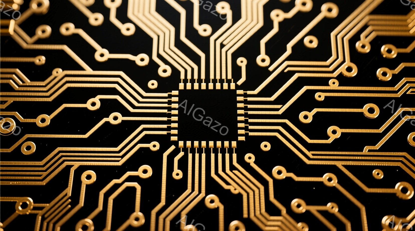 黒い背景に金色の配線が複雑に張り巡らされたプリント基板の一部が写っている。中央には、多数のピンを持つICチップが配置されており、高度な技術と電子機器の内部構造を想起させる。金色の配線と黒色の基板のコン - AI生成フリー素材