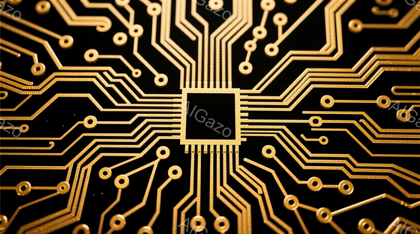 黒い背景に金色の回路が複雑に描かれています。中央にはチップが配置され、そこから放射状に細い線が広がっています。全体的に精密機械内部のような印象で、技術的な美しさを感じさせます。