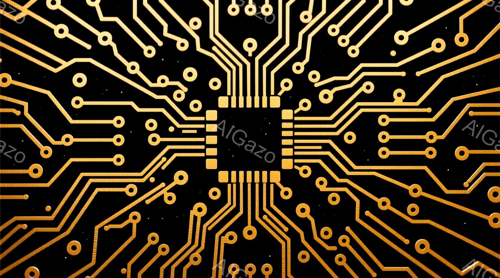 金色の回路が黒い背景に複雑に描かれた画像です。回路は中心から放射状に広がり、細い線と円で構成されています。全体的に、技術的で未来的な雰囲気を感じさせます。