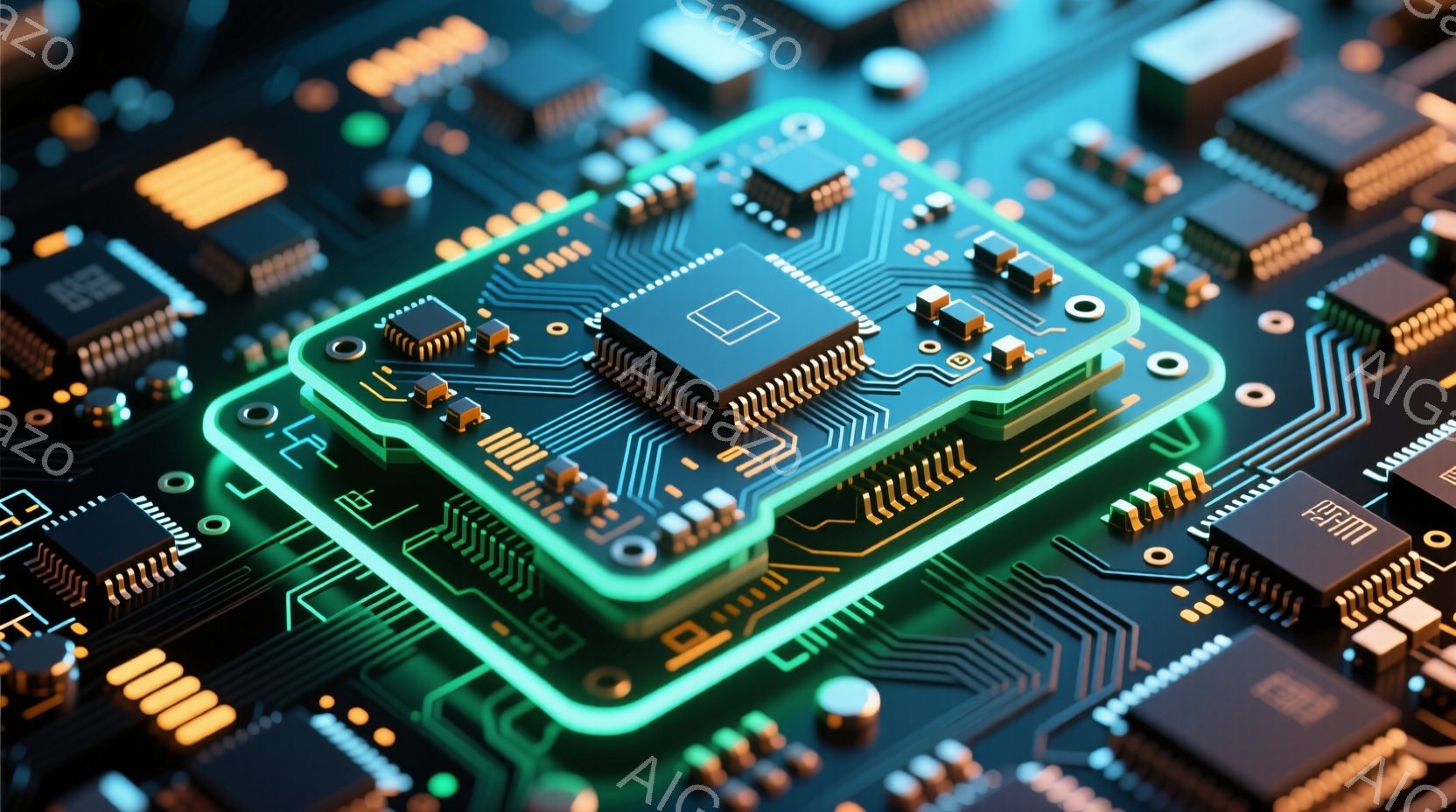 この画像は、複雑な回路基板のクローズアップです。明るい緑色の光が回路の特定の部分を強調し、金色の配線と黒い基板がコントラストを生み出しています。全体的に、未来的なテクノロジーと精密さを感じさせる、鮮や - AI生成フリー素材
