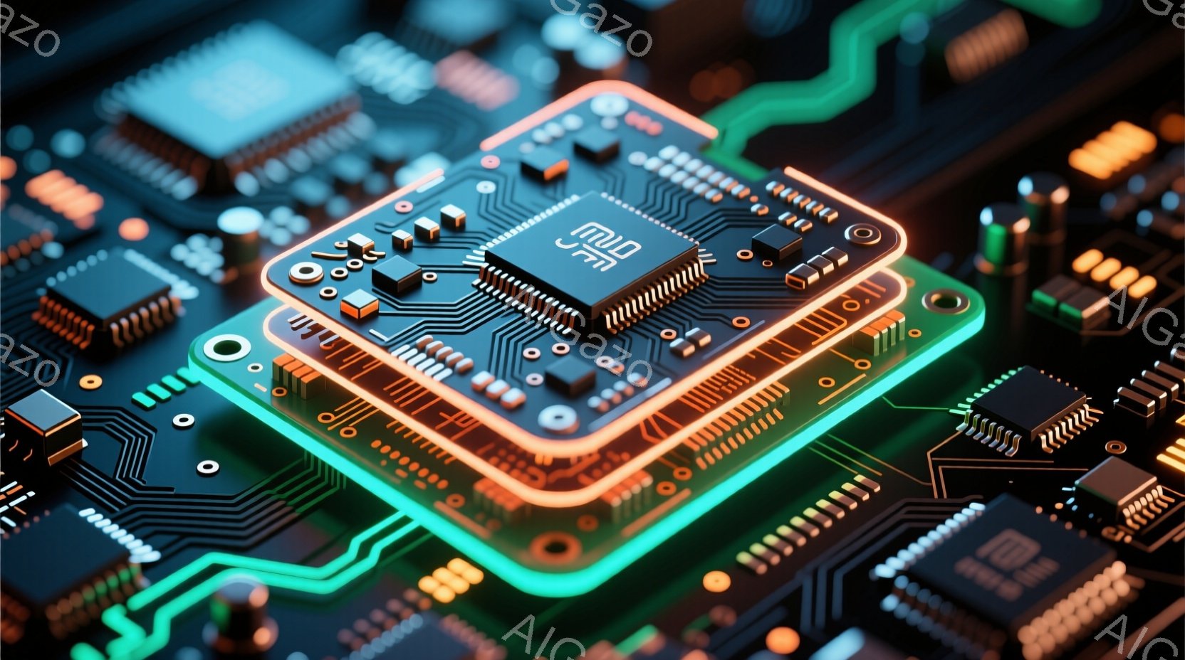 この画像は、緑色の回路基板が中央に配置され、鮮やかなネオンラインで縁取られています。基板上には、様々な電子部品が精密に配置されており、その周囲には無数の回路パターンが広がっています。全体的に近未来的な - AI生成フリー素材