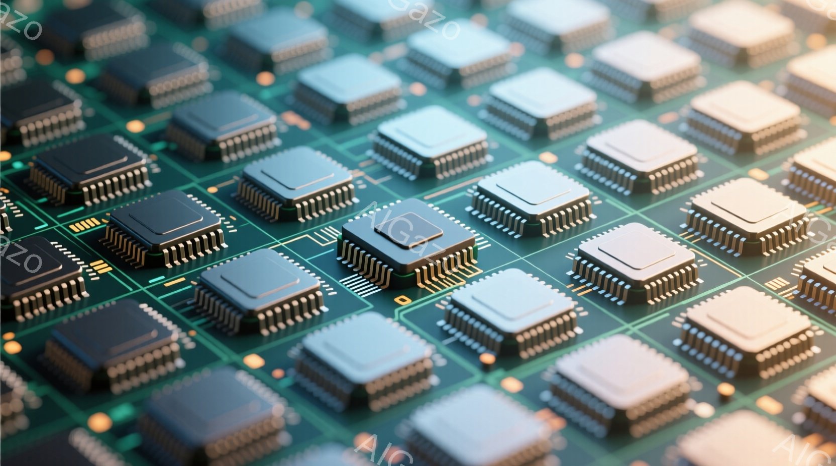 この画像は、緑色の基板上に並んだ多数のICチップをクローズアップで捉えたものです。チップは銀色で光沢があり、精密なピンが配置されています。精密機器やテクノロジー、電子回路を連想させる、未来的で無機質な雰囲気です。